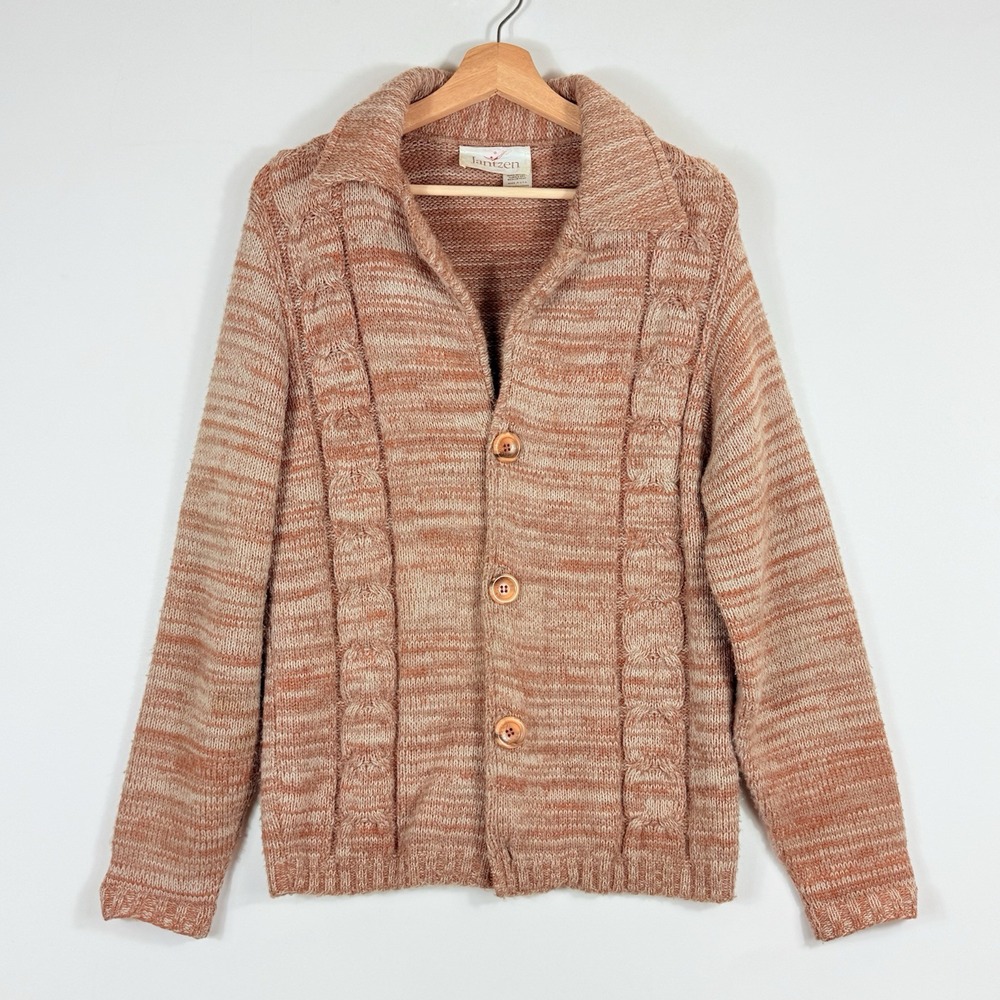 Vtg Jantzen Sweater Mens Medium Tan Cable Knit Cardigan Grandpa Grunge Hipster